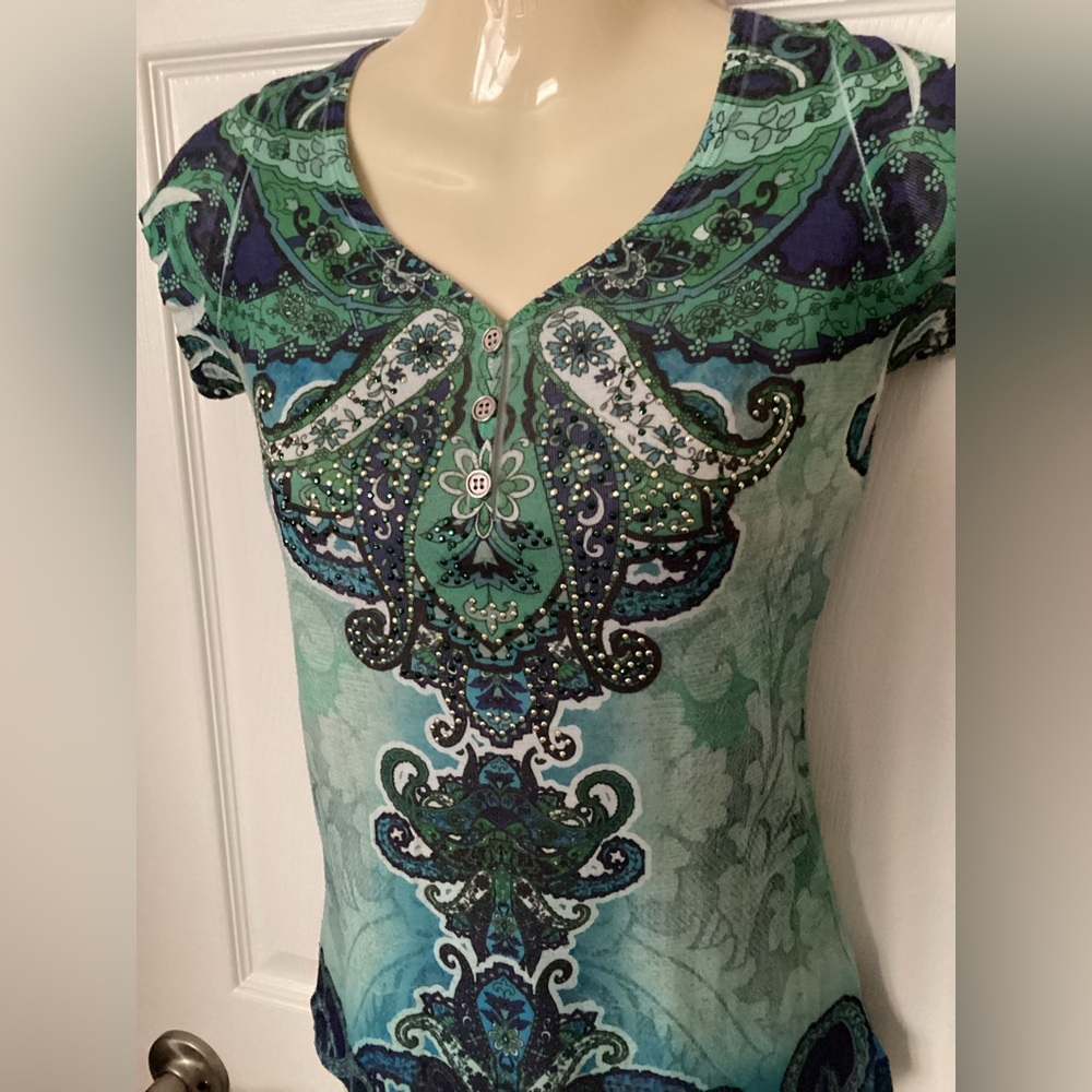Vintage Y2K Apt. 9 embellished top XS rhinestones paisley cap sleeve tee